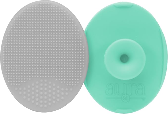 S&T INC. Cradle Cap Brush for Baby, 2 Pack, 2" x 2.5", Grey and Teal | Exfoliating and Massaging, Cleansing Brush for Baby, Silicone Bristles, Rinses Clean, Suction Cup Handle