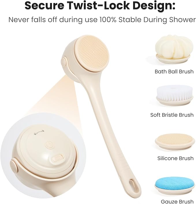 Electric Body Brush with 4 Replacement Heads & Auto-Lock & Long Handle | 3-Speed Rechargeable Back Scrubber for Shower, Exfoliating & Deep Cleaning & Skin Massaging