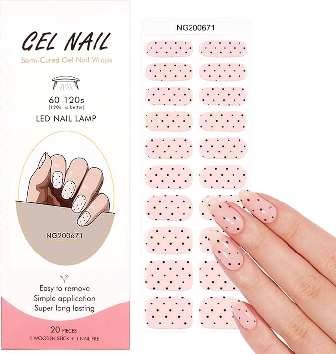 Polka Dot Semi Cured Gel Nail Strips - 20Pcs Pink UV Gel Nail Wraps with Polka Dots Design, Long Lasting Salon-Quality Stickers, Includes Nails File & Wooden Stick - UV/LED Lamp Required