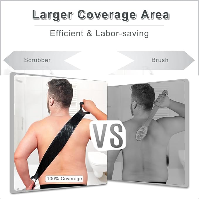 FREATECH Silicone Back Scrubber for Shower, 36" Dual-Sided Back Washer Exfoliator Strap to Clean, Exfoliate and Massage, Easily Cover the Entire Back for Men Women, Easy to Clean, Black