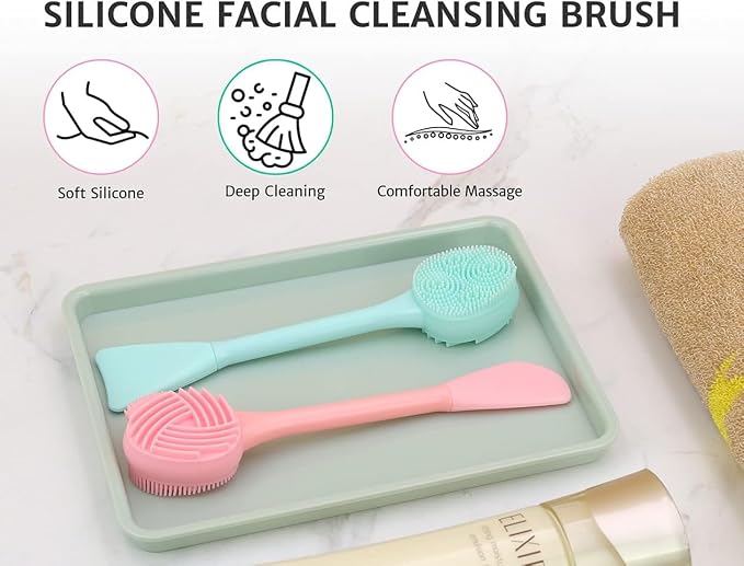 2 Pack Silicone Face Scrubber, 4 in 1 Facial Cleansing Brush, Handheld Face Wash Brush for Pore Cleansing, Gentle Exfoliating, Removing Blackhead, Blue and Pink