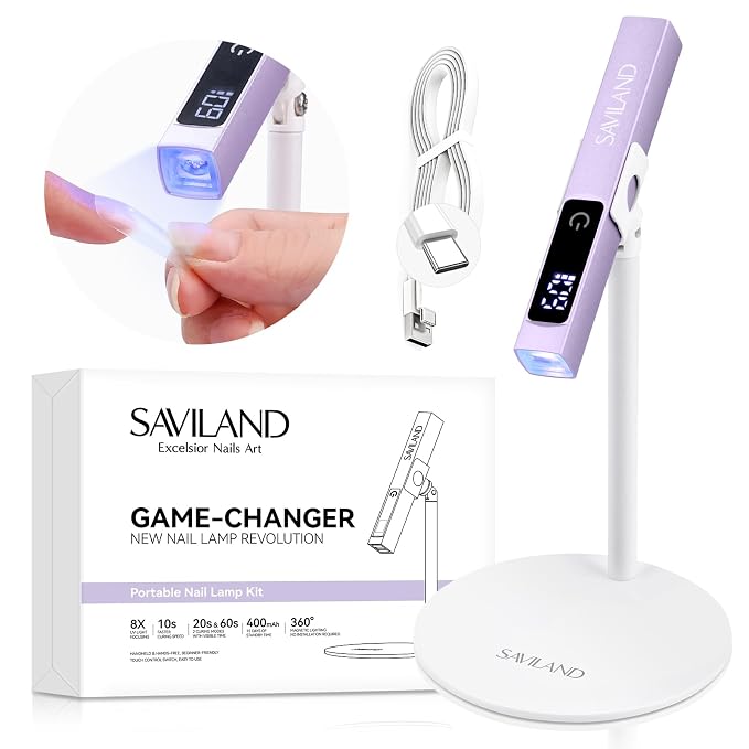 SAVILAND Handheld UV Light for Gel Nails: Magnetic Stand & 10S Flash Cure Light 3-Timer Modes Portable LED Nail Lamp Nail Dryer Cordless Gel Lamp LCD Screen Home DIY Manicure Purple