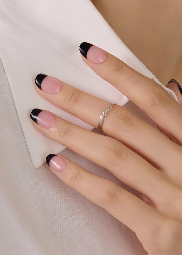 ohora Semi Cured Gel Nail Strips (N Chic French) - Black, French, Works with Any UV/LED Lamps, Salon-Quality, Long Lasting, Easy to Apply & Remove - Includes 2 Prep Pads, Nail File & Wooden Stick