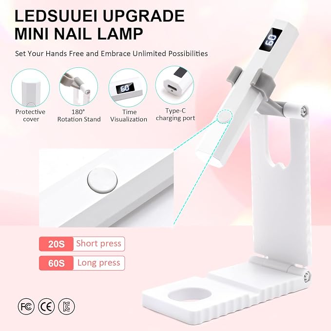 Cordless Mini Nail Lamp 【Skin-Safe Curing】 Portable Handheld UV Light for Gel Nails Rechargeable, Fast Flash Cure LED Nail Dryer for Polish, Nail Strips Salon Home Travel with Stand, White