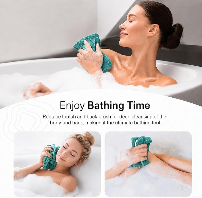 Yiclick Exfoliating Washcloth Towel with Handle, Back Scrubber for Shower, Exfoliating Body Scrubber Exfoliator, Japanese Wash Cloth for Body Scrub, Bath Sponge Loofah Luffa Washer Exfoliator