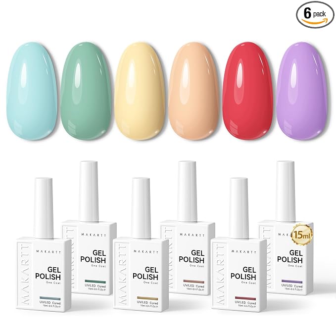Makartt Pastel Gel Nail Polish Set 15ML: 6 Spring Summer Colors | Large Capacity, One-Coat, Spring Summer Collection, Baby Blue Yellow Purple Red, UV/LED Lamp Required, Home & Salon DIY