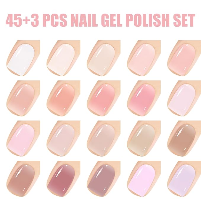 Vishine Gel Nail Polish Starter Kit with UV LED Nail Lamp, 45ColorSheer Milky Pink Jelly Nude Transparent Gel Polish, Top Coat, Base Coat & Matte Top Coat with Essential Nail Art Manicure Tools Set