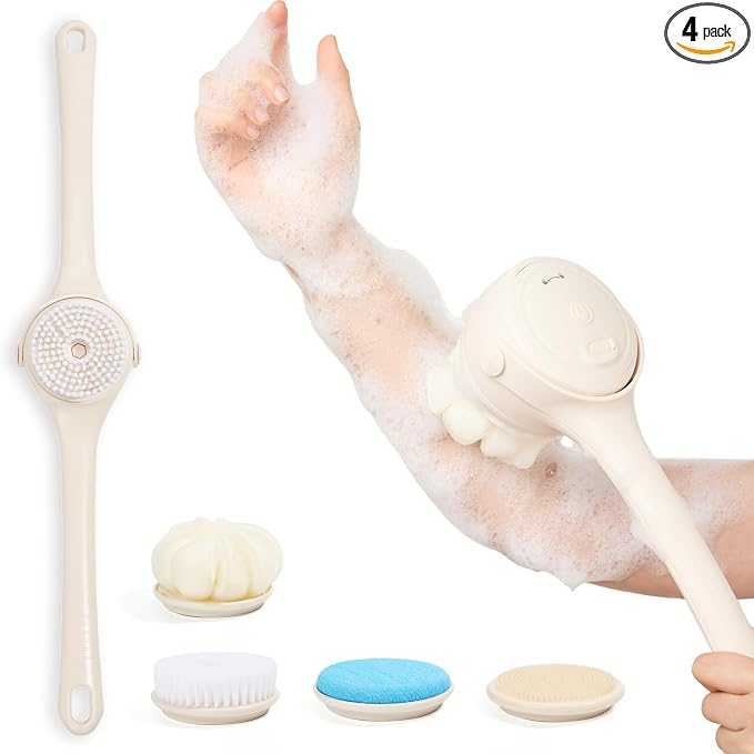 Electric Body Brush with 4 Replacement Heads & Auto-Lock & Long Handle | 3-Speed Rechargeable Back Scrubber for Shower, Exfoliating & Deep Cleaning & Skin Massaging