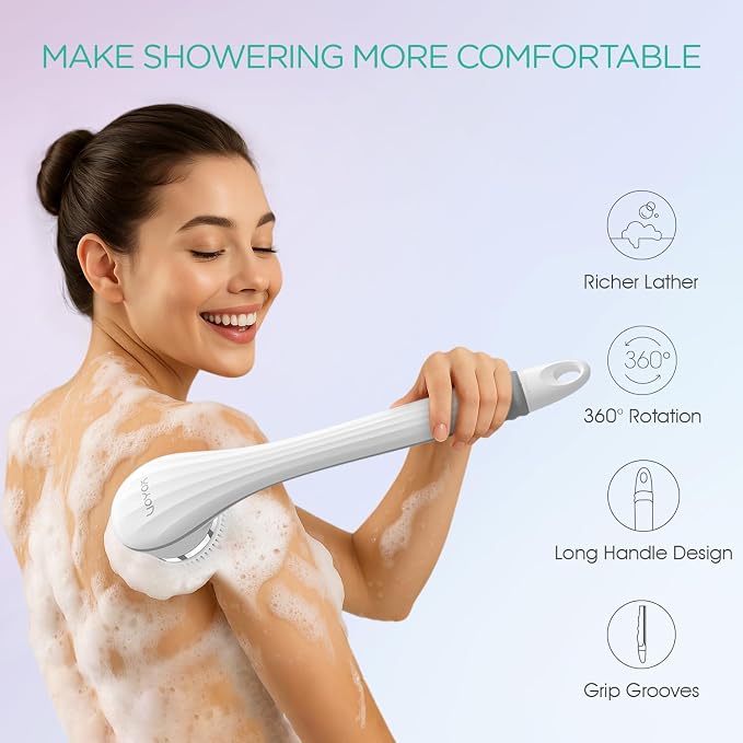 VOYOR Electric Body Brush Back Scrubber for Shower Rechargeable BC100, Grey | Exfoliating Bath Brush Powered Shower Brush with Non-Slip Long Handle Deep Cleansing, Exfoliation, Massaging Spin Brush