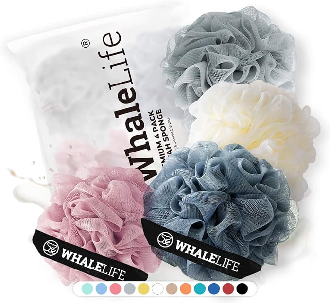 Loofah Sponge Bath Sponge for Women Men 4 Pack (Pink Blue Yellow Gray) | 10X Suds Save Body Wash Double Knotted Anti Tear Core Fast Dry Cotton Loop Stay Fresh Large Mesh for Sensitive Skin