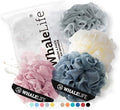 Loofah Sponge Bath Sponge for Women Men 4 Pack (Pink Blue Yellow Gray) | 10X Suds Save Body Wash Double Knotted Anti Tear Core Fast Dry Cotton Loop Stay Fresh Large Mesh for Sensitive Skin