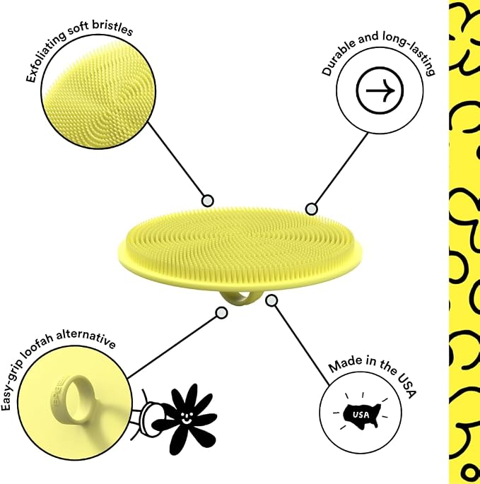 Boie USA Loop Body Scrubber - Soft Silicone-Like Exfoliating Shower Scrubber, Body Cleansing Brush - Hang-to-Wall Loofah Replacement - Antimicrobial Body Exfoliator for All Skin Types (Yellow)