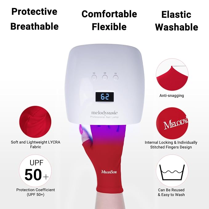 MelodySusie Premium Fingerless Protection UV Gloves for Gel Manicures | UPF50+ UV Blocking Fabric, Protect Hands from Sun and Nail Dryer Harm,Unisex for Salon & Home Gel Manicure,Red