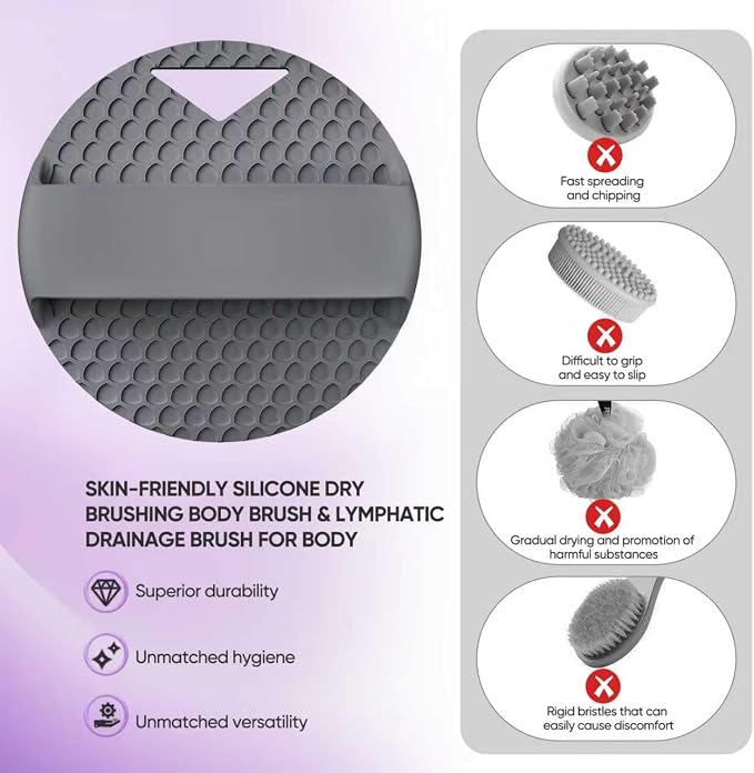 Silicone Body Scrubber -Anti Zinc Infused Exfoliating Body Scrubber | Anti Slip Silicone Loofah,Stiff & Soft Bristles for Cellulite Reduction,Blood Circulation- Gray
