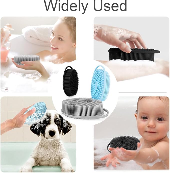 Soft Silicone Body Scrubber 3 PCS Silicone Body Shower, Silicone Loofah 2 in 4 Bath and Shampoo Brush, Body Scrubber Shower Cleaning Exfoliating Use,Lather Well, Black,Blue,Grey