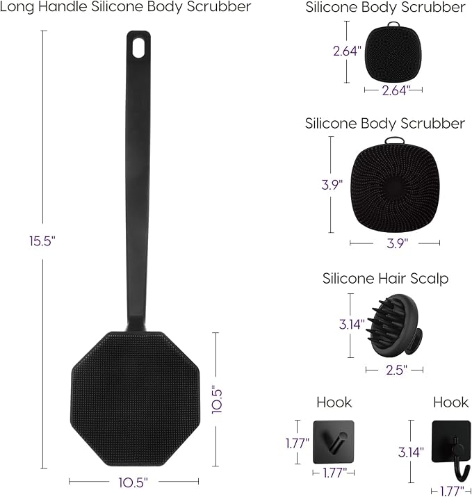 Silicone Body Scrubber Set, Includes Back & Body Scrubbers, Face Brush, Scalp Massager, 4 Storage Hooks, Shower & Bathroom Hygiene Accessories for Present(Black)