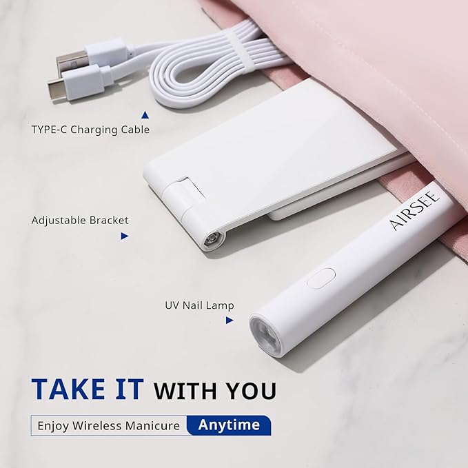 AIRSEE Mini Handheld UV Light for Gel Nails with Stand, Home & Travel,White | 2 Timers & Cordless,Portable Rechargeable Nail Lamps for Fast Extension,Rhinestone Glue Decoration,Gel Nail Strips