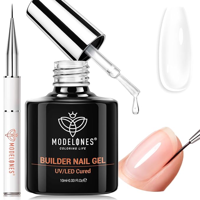 modelones Builder Nail Gel, Clear Builder with Detachable Liner Nail Brush | 7-in-One Strengthener Color Rubber Base Coat Nail Polish for Apex Building Extension Thickening 10ml, LED Lamp Cured
