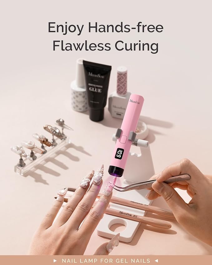 MelodySusie Handheld UV Light for Gel Nails P-ART01R with Stand, Hands-Free | Mini Portable Cordless Nail Lamp with LCD Display, Eye-Protective Cover, Flash Curing Glue, 450mAh Battery