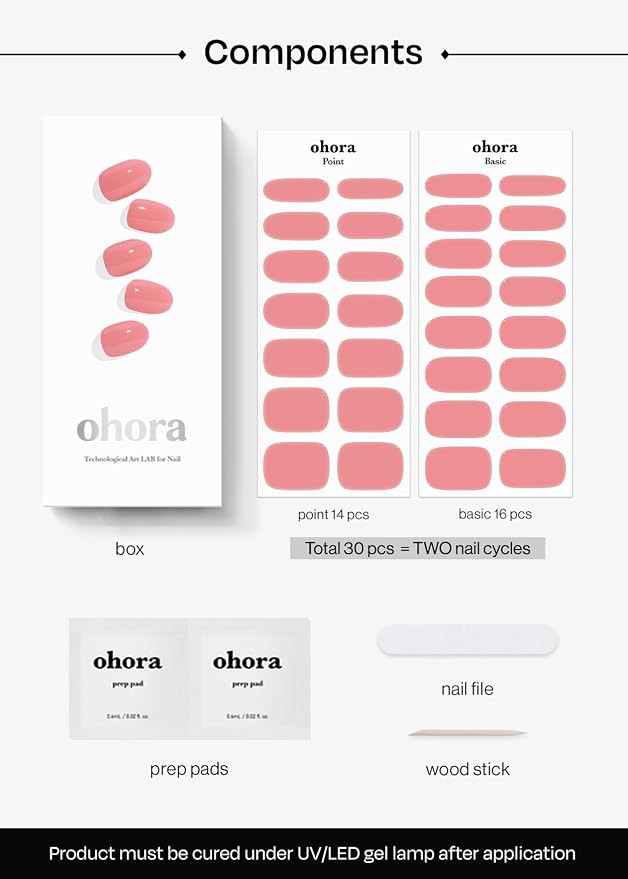 ohora Semi Cured Gel Nail Strips (N Cream Glow) - Pink, Solid, Works with Any UV/LED Lamps, Salon-Quality, Long Lasting, Easy to Apply & Remove - Includes 2 Prep Pads, Nail File & Wooden Stick