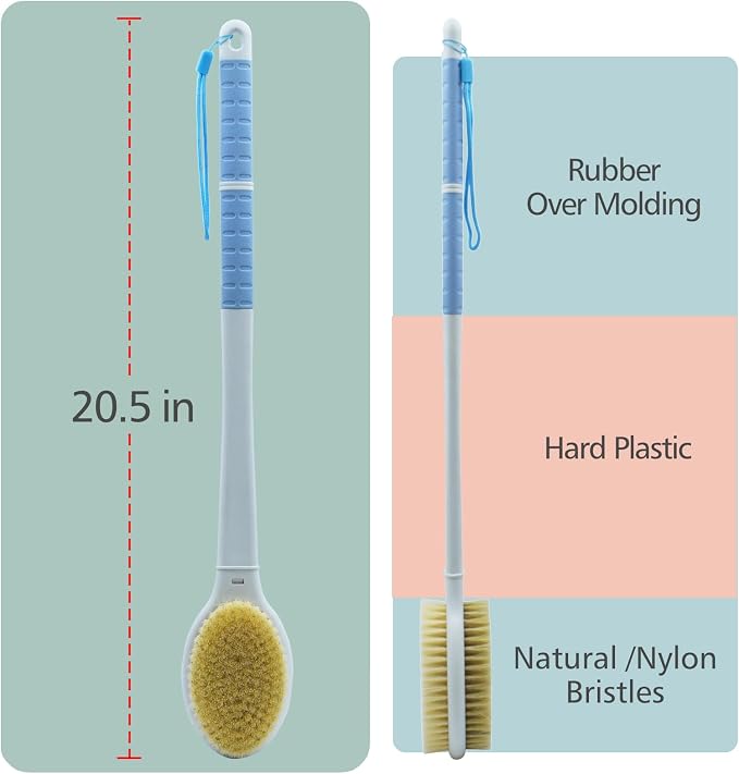 Shower Brush with Soft and Stiff Bristles, 20.5" Extended Long Handle Back Scrubber Dual-Side Bath Brush Body Exfoliator for Wet or Dry Brushing (Super Long Handle)