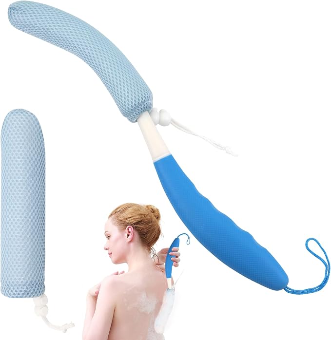 Shower Back Body Brush with Long Handle，15.35"Back Scrubber for Men & Women | Body Brush for Bath with Anti Slip Long Handle,Exfoliating Mesh Sponge Body Scrubber, Removable Curved Back Scrub Brush