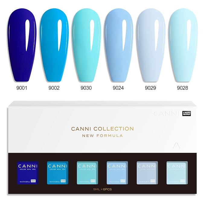 CANNI 9ML Gel Nail Polish Set, 6 Blue Shades UV LED Soak Off Gel Polish | Smooth Application • Highly Pigmented • Glossy Finish • Long-Lasting Wear • Nail Art • Salon DIY Manicure • Easy Application