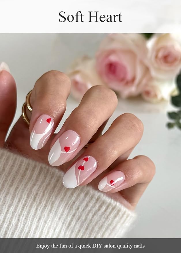 Semi Cured Gel Nail Strips (Soft Heart), Valentine's Day French, 20 Pcs Gel Nail Wraps, Stickers, Salon Quality, Works with Any UV Lamps