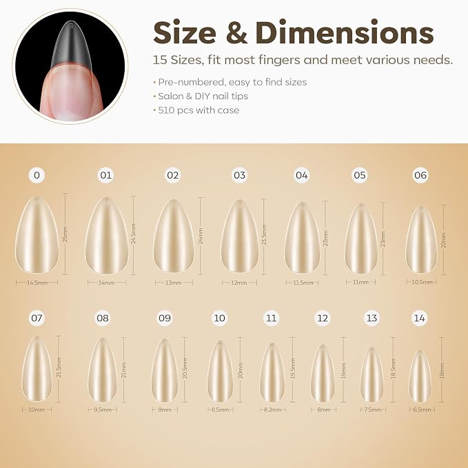 Modelones Medium Almond Nail Tips 510pcs Full Matte False Nails Pre Etched | Full Cover False Acrylic Extensions No Filed Stronger Press on Manicure 15 Sizes