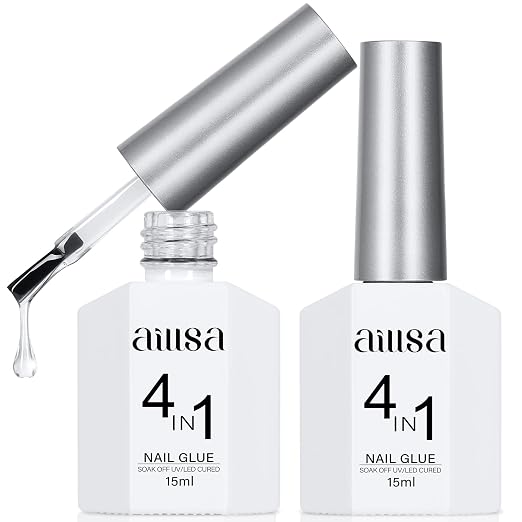 AILLSA 2PCS Gel Nail Glue for Acrylic Nails, 4 in 1 Strong Nail Gel Glues | Glue for False Nail Tips U V Curing Needed, 15ml High Capacity Gel Extension Brush On Nail for Rhinestone Pearl Foil
