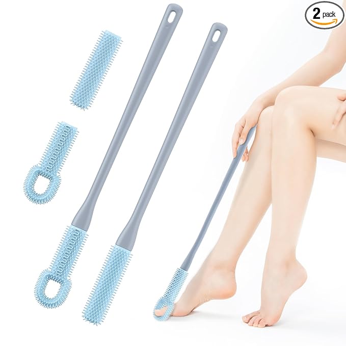 Foot Scrubber for Shower - 2 Pack Long Handle Toe Cleaning Brush with Replaceable Silicone Toe Scrubber Head for Seniors, Elderly, Disabled Men and Women - Blue
