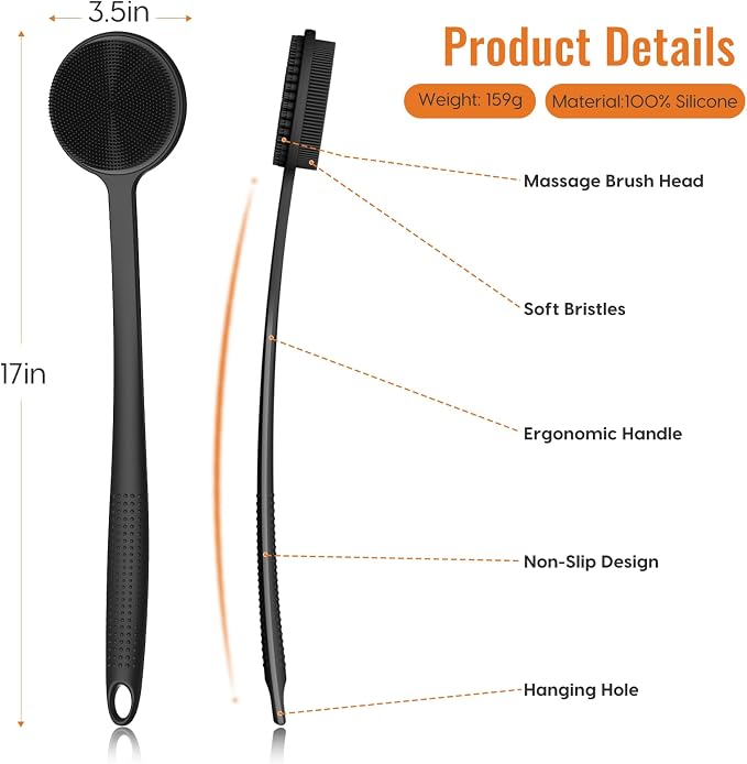 Silicone Back Scrubber for Shower, 17in Lengthen Long Handle Body Brush, Double Sided Shower Brush for Shower Exfoliating and Massage Can Produce Rich Foam, Long Handle Back Scrubber for Men
