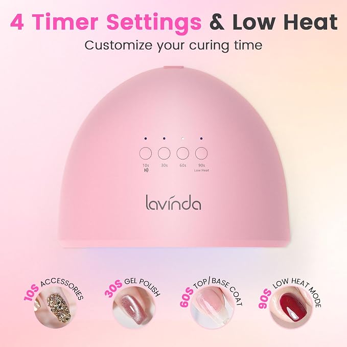 Lavinda UV LED Nail Lamp for Gel Polish, 48W UV Light for Nails Professional Nail Dryer Fast Curing Lamp with 4 Timers, Smart Sensor, Detachable Base for Hands & Feet Home Salon DIY Manicure - Pink