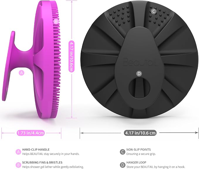 Silicone Body Scrubber, BEAUTAIL Gentle Exfoliating Brush for All Skin Type | Lather Well Shower Scrubber for Body, Bath Essentials for Women, Men & Kids, Hygienic Silicone Loofah. 2-Pack, Purple+Black