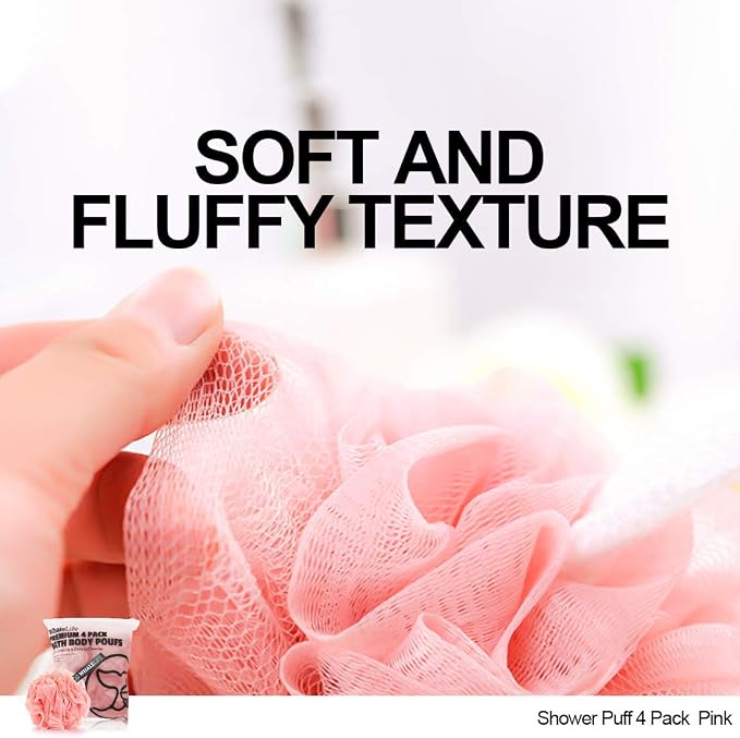 Bath Loofah Sponge for Shower Body Scrubber for Women Men 4-Pack Pink | 10X Suds Save Body Wash Double Knotted Anti Tear Core Fast Dry Cotton Loop Stay Fresh Large Mesh for Sensitive Skin