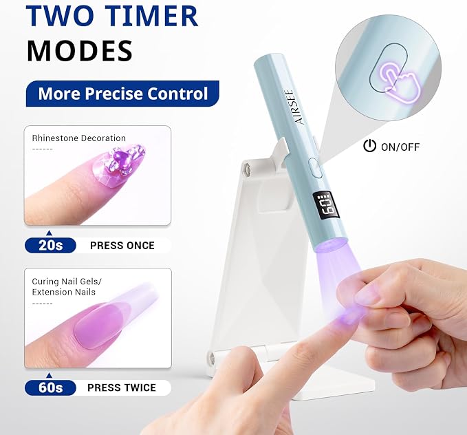 AIRSEE Mini Handheld UV Light with Storage Bag & Display,Blue-with Stand | Cordless Nail Lamps,2 Timers for Fast Cure All Soft Gels, Especially Rhinestone Glue and Gel Nail Strips at Home,Travel
