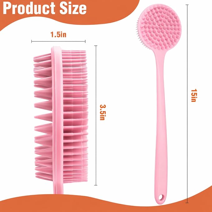 Silicone Body Scrubber for Shower Men Women – Dual-Sided Exfoliating & Massage Shower Brush with Long Handle, Creates Rich Lather, Includes 1 Hook & 2 Lather Balls (Pink).