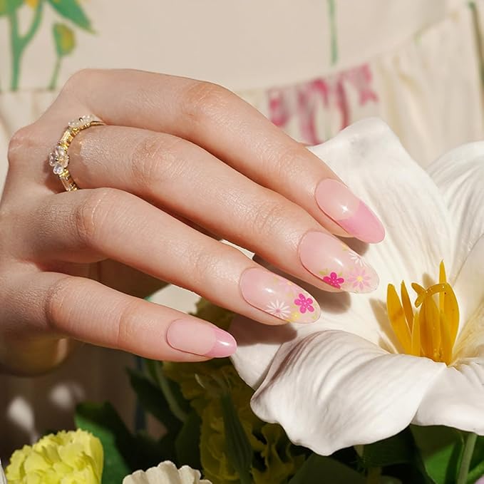 Flower Semi Cured Gel Nail Strips - 20Pcs Pink French UV Gel Nail Wraps with Colorful Floral Design, Long Lasting Salon-Quality Stickers, Includes Nails File & Wooden Stick - UV/LED Lamp Required