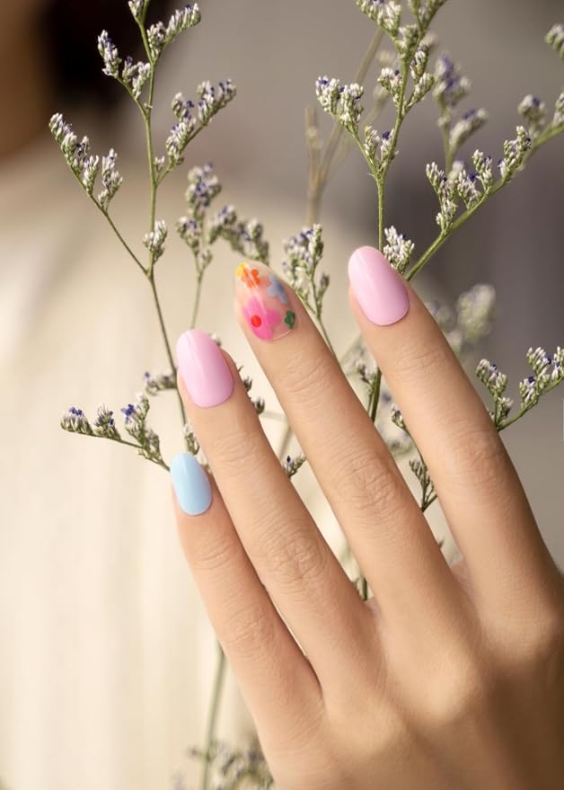 Semi Cured Gel Nail Strips - NAILOG 34 Pcs Floral Nail Stickers Clear Extra Long Wraps with Glossy Gel Finishing for Spring Summer, Petal Dance