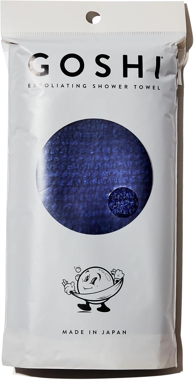 GOSHI Exfoliating Shower Towel - Long Body Scrubber, Blue | For back acne, KP & smooth skin, durable quick dry nylon washcloth, ethically crafted in Gunma, Japan