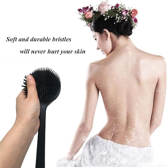 Long Handle Body Scrubber, 15 inch Length, Soft Silicone Bristles, Double-Sided Bath Brush for Back Exfoliation
