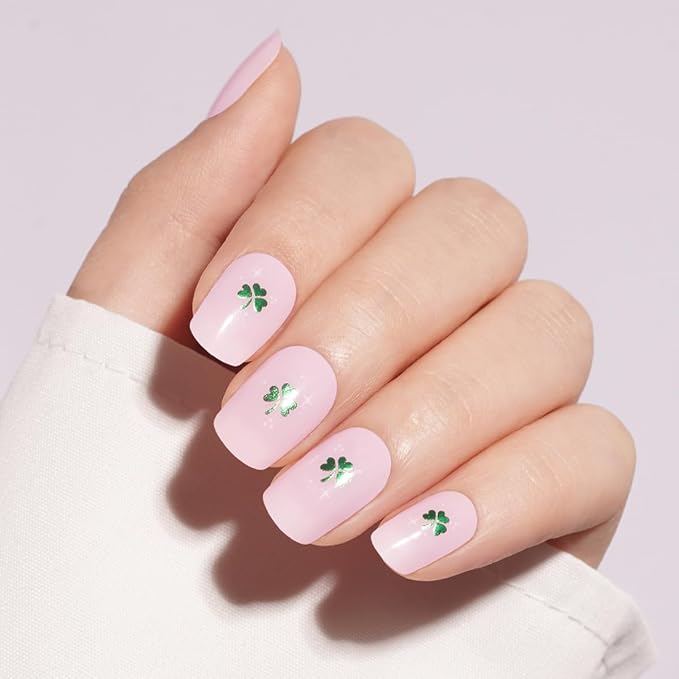 St. Patrick's Day Semi Cured Gel Nail Strips - 20Pcs Shamrock UV Gel Nail Wraps, Long Lasting Salon-Quality Stickers, Includes Nails File & Wooden Stick - UV/LED Lamp Required