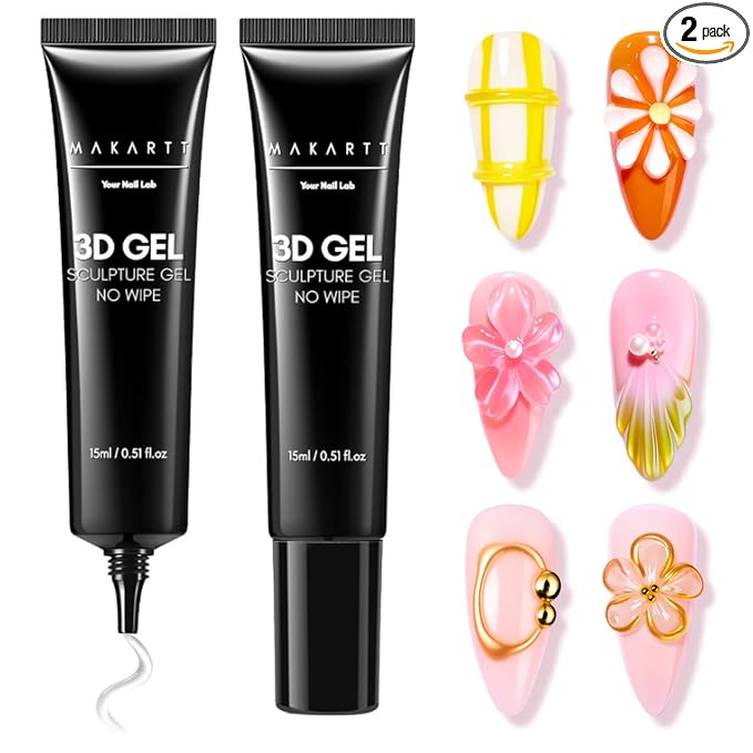 Makartt 3D Nail Gel, 2 Pcs 15g Nail Sculpting Gel for Molding and Drawing | No Wipe, Clear Rhinestone Glue, Gems Decoration, Carving and Painting Nail Art