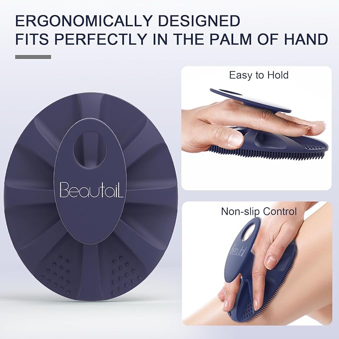 Silicone Body Scrubber, BEAUTAIL Gentle Exfoliating Brush on Sensitive Skin | Soft Shower Scrubber for Body, Hygienic Silicone Loofah, Bathroom Essentials Brush for Women, Men & Kids, 1-Pack, Blue