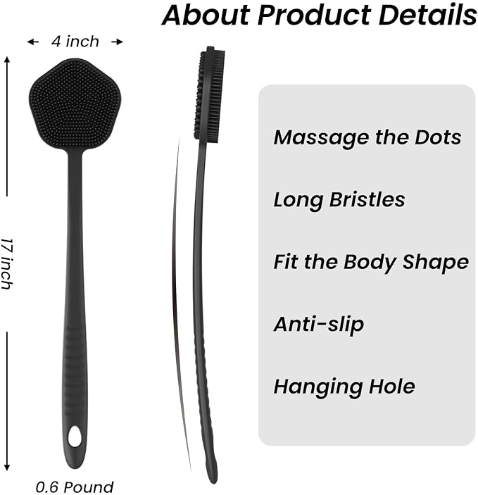 Redfly Silicone Back Scrubber for Shower Brush, 17 inch Long Handled Silicone Body Scrubber, Double Sided Shower Scrubber for Body Brush