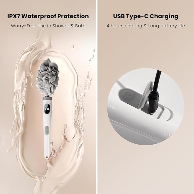 Electric Body Brush Back Scrubber for Shower, Electric Body Brush with Long Handle, Waterproof Rechargeable Bath Brush Body Scrubber with 3 Brush Heads for Cleansing and Exfoliating Skin (Milky White