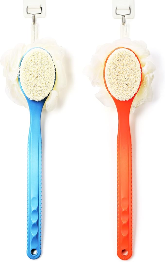 Shower Body Brush Bristles & Mesh Loofah Sponge,Curved Handle Back Scrubber | Long Handle Bath Brush with Mesh Sponge for Skin Exfoliating,Massage Bristles Suitable for Wet or Dry,Men & Women(Black)