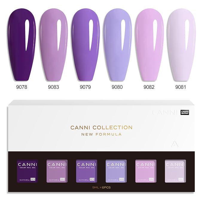 CANNI 9ML Gel Nail Polish Set, 6 Purple Shades UV LED Soak Off Gel Polish | Smooth Application • Highly Pigmented • Glossy Finish • Long-Lasting Wear • Nail Art • Salon DIY Manicure • Easy Application