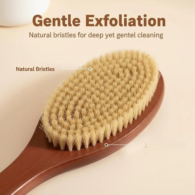 Long Handle Bristles Shower Back Scrubber, Wet Dry Bath Body Brush with Hanging Loop ，Curved Exfoliating Shower Brush for Men Women
