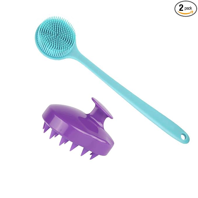 Silicone Body Scrubber & Scalp Massager, Long Handle Shower Brush, Exfoliating Scrubber for Men, Women & Kids